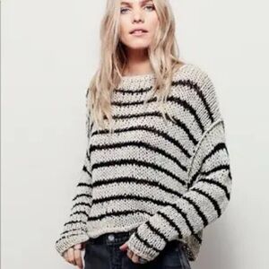 Free People Over & Easy Black/Cream Striped Crop Sweater. Size Small